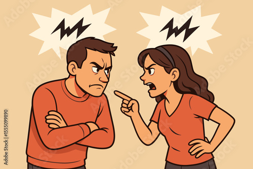 Angry couple arguing conflict. Man and woman dispute, relationship problems, communication breakdown, misunderstanding, disagreement, stress, emotional tension. Vector cartoon illustration.