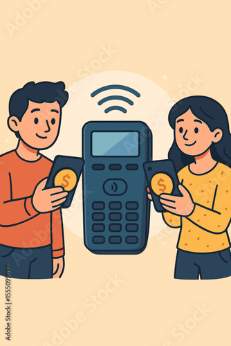 Contactless payment technology concept with people using smartphones as digital wallets, wireless transaction, mobile banking, electronic money transfer, modern finance, fintech vector illustration