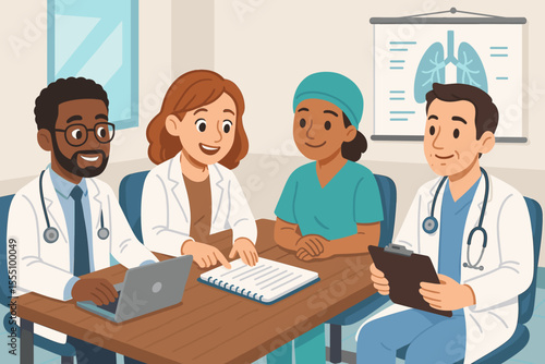 Multicultural Medical Team Collaboration Meeting in Hospital Conference Room. Doctors and Nurse Discussing Patient Care Plan. Healthcare Professionals Working Together. Vector Illustration