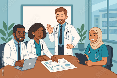 Diverse team of doctors collaborating in hospital meeting room. Medical professionals discussing patient care strategy. Healthcare teamwork, clinical planning, hospital staff vector illustration