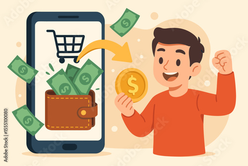 E-commerce cashback refund concept, happy customer receiving money back from online shopping via smartphone wallet, digital payment, mobile banking, financial reward, vector illustration