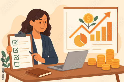 Businesswoman financial planning and budgeting concept. Checklist analysis, investment growth, profit statistics, money management, data chart, coins, office workspace. Vector illustration