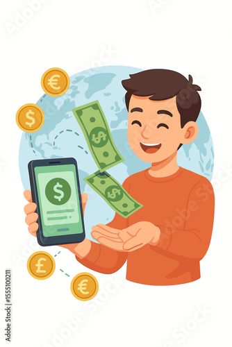 Global e-commerce transactions concept with happy user receiving money via smartphone financial app, international currency exchange, digital payment, online banking vector cartoon illustration