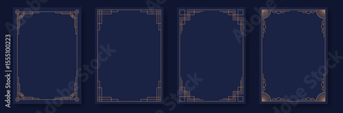 Art deco frames. Modern luxury borders minimal line style, elegant gold geometric decoration labels, gala party poster and wedding invitation card design. Vector contemporary set
