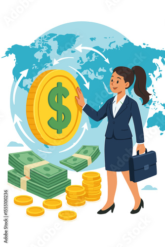 Businesswoman with Briefcase Managing Global Money Flow, Currency Exchange, International Trade, Dollar Coin, Cash Stacks, Financial Investment, Economic Growth, World Map Vector Illustration