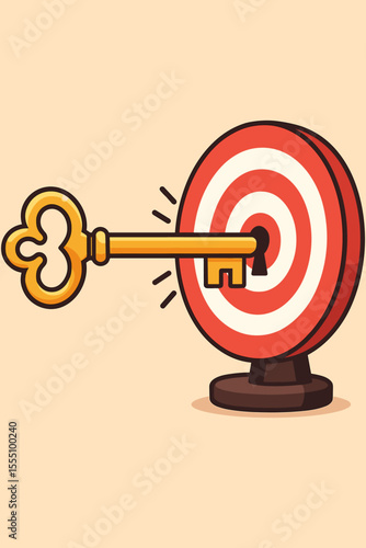 Golden key unlocking bullseye target, symbolizing business success, achievement, opportunity, goal setting, motivation, solution, leadership, and strategic planning. Vector cartoon illustration