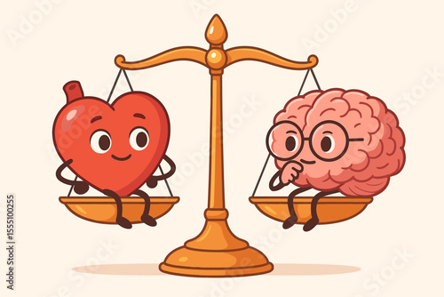 Heart and Brain Balance on Scales. Emotional vs Rational Decision Making. Cute Cartoon Characters. Mind and Feelings Metaphor. Weighing Logic and Emotion. Psychology Concept Vector Illustration