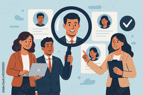 Human resources recruitment team searching and selecting professional candidates, HR management concept, employee hiring process, business teamwork, talent acquisition illustration