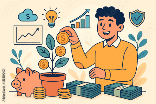 Financial growth investment strategy concept. Cartoon man growing money plant, piggy bank, cash stacks, coins, profit graph, innovation, secure savings, wealth management, economic success vector