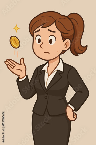 Businesswoman Decision Making Cartoon. Female Leader Flipping Coin. Uncertain Choice, Risk Management, Career Dilemma, Corporate Leadership, Financial Decision, Professional Woman Vector Illustration