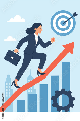 Businesswoman Climbing Arrow Graph to Bullseye Target, Achieving Career Success, Leadership, Ambition, Professional Growth, Determination, Corporate Achievement, Vector Illustration