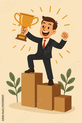 Businessman Standing on Podium Holding Golden Trophy, Celebrating Leadership Success, Achievement, Motivation, Career Growth, Business Development, Victory, Ambition, Corporate Excellence