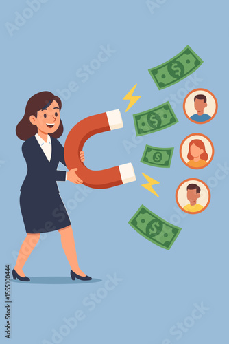 Businesswoman Attracting Money and Customers with Magnet. Lead Generation, Marketing Strategy, Customer Acquisition, Financial Success, Sales Growth, Client Magnetism Concept Vector Illustration
