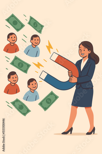 Businesswoman Attracting Customers and Money with Giant Magnet. Lead Generation, Customer Acquisition, Marketing Strategy, Sales Growth, Client Attraction, Vector Illustration, Business Concept