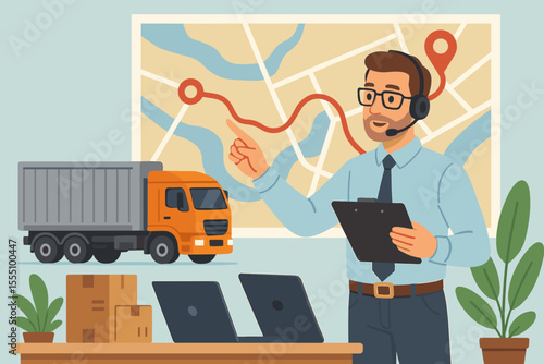Logistics manager planning cargo shipment route on map. Freight truck, delivery boxes, dispatch operator, supply chain management, transportation logistics, distribution, vector illustration.