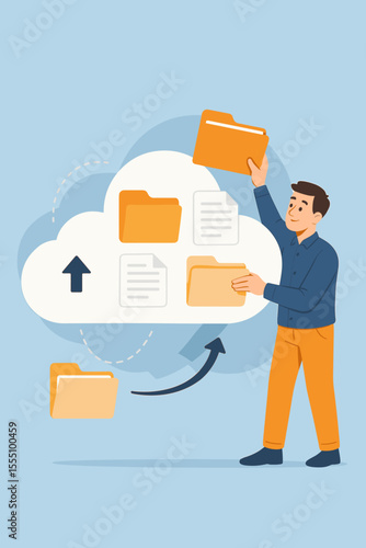 Man Uploading and Organizing Digital Files in Cloud Storage, Efficient Document Management, Data Backup, Online File Sharing, Modern Technology, Vector Illustration, No Text