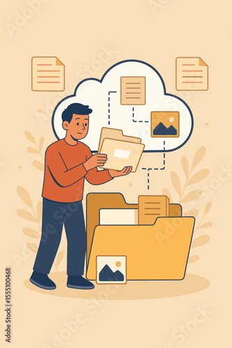 Cartoon man organizing digital files and folders in cloud storage system, efficient electronic document management, data backup, online information sharing, workflow productivity concept illustration