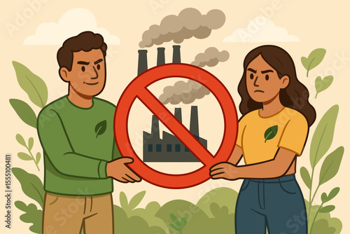 Activists protesting factory pollution, holding red prohibition sign, advocating for clean environment, sustainability, eco-friendly action, climate change awareness, stop industrial emissions vector