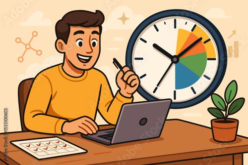 Time Management Productivity Concept. Cartoon Vector Illustration of Office Worker Planning Schedule, Using Laptop, Checklist, Large Clock with Pie Chart, Organizing Tasks, Workplace Efficiency