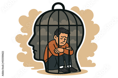 Mental imprisonment concept, person trapped inside head-shaped cage, limited perspective, anxiety, depression, isolation, psychological barrier, emotional struggle, vector cartoon illustration