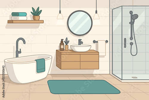 Modern minimalist bathroom interior vector. Bright stylish home design with bathtub, glass shower, vanity, mirror, plants, towels, decor. Cozy contemporary restroom illustration, clean elegant space