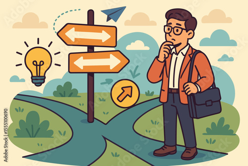Businessman at Career Crossroads Making Decisions. Confused Man Choosing Path at Direction Sign. Concept Opportunity, Strategy, Problem Solving, Critical Thinking, Leadership. Vector Illustration