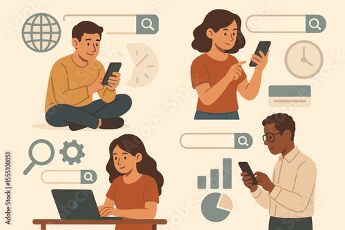 Diverse people using smartphones and laptops for online search, internet browsing, digital work, communication, and data analysis. Modern technology, teamwork, remote learning, cartoon vector