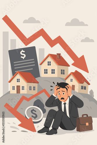 Real Estate Market Crash Concept, Worried Investor Facing Falling Property Values, Mortgage Crisis, Financial Loss, Housing Bubble Burst, Economic Recession Vector Illustration