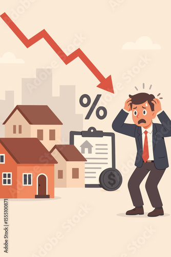 Real Estate Market Crash Concept. Worried Investor, Falling Property Values, Declining Housing Prices, Mortgage Risk, Financial Crisis, Downward Graph, Urban Homes, Economy Stress Vector