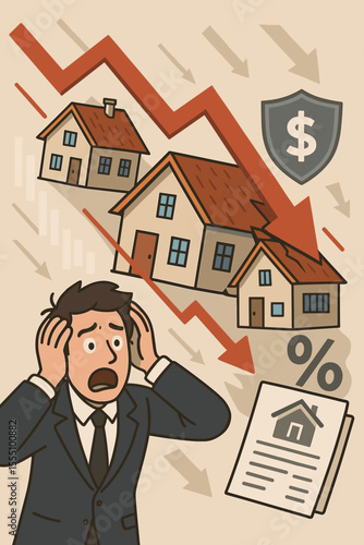 Real estate market crash concept. Falling house prices, mortgage crisis, financial loss, investor stress, declining property values, economic downturn, housing bubble burst vector illustration