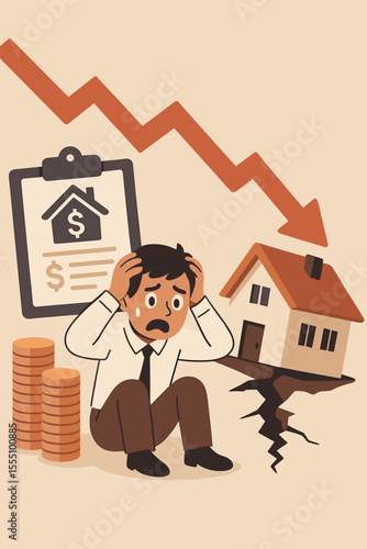 Real estate market crash concept. Worried investor with falling house prices, mortgage risk, financial crisis, property depreciation, economic downturn, investment loss, cartoon vector illustration