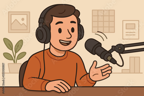 Podcast host recording audio show in studio. Cartoon vector illustration of person with headphones speaking into microphone. Radio broadcast, content creation, interview, podcasting workspace