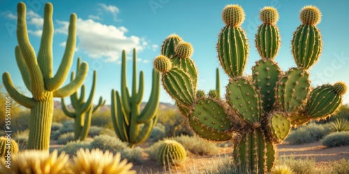 Wallpaper Mural Desert landscape featuring various cacti with blue sky and clouds, showcasing different shapes and sizes of desert plants. Torontodigital.ca