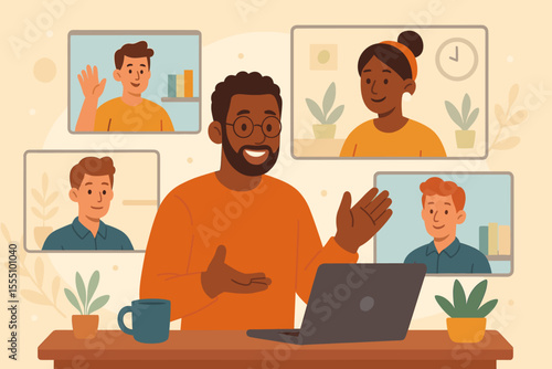 Diverse Team Virtual Meeting Collaboration. Remote Work Group Video Conference Call. Online Communication, Digital Workspace, Multicultural Office Staff, Home Office, Telecommuting, Cartoon Vector