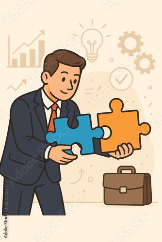 Businessman solving puzzle pieces, finding solutions, teamwork strategy, innovation, growth, success, leadership, problem solving, creative ideas, business concept, vector illustration