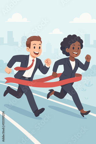 Business competition race concept. Diverse businesspeople running together crossing finish line. Teamwork, leadership, success, rivalry. Corporate challenge, achievement, motivation, ambition vector