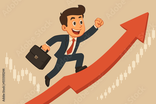 Cartoon businessman in suit climbing rising red arrow with briefcase, symbolizing stock market success, financial growth, business achievement, upward trend, investment profit concept illustration