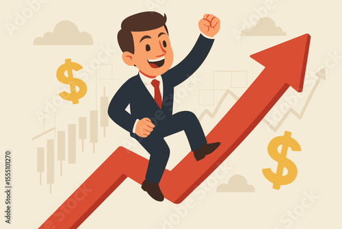 Successful businessman riding upward red arrow symbolizing stock market growth, financial success, investment profit, economic achievement, cartoon vector illustration, dollar signs, bullish trend