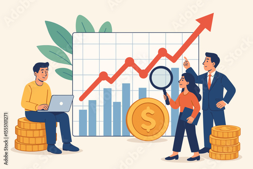 Financial growth, stock market trading, investment analysis, passive income generation. Business people with laptop, magnifying glass, coins, upward graph, bar chart. Wealth management concept