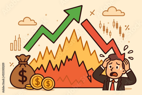 Stock market volatility concept. Rising and falling trends, financial risk, uncertainty, panic investor, profit loss, investment crisis, cartoon vector. Money, coins, candlestick chart, finance