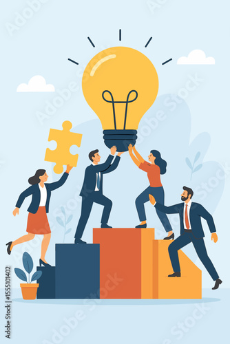 Business Teamwork Collaboration Concept. Diverse Businesspeople Solving Puzzle, Sharing Ideas, Achieving Success Together, Holding Light Bulb. Corporate Partnership, Innovation, Leadership Vector