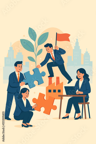 Business teamwork collaboration concept. Diverse partners assembling puzzle pieces, building company success, innovation, leadership, creative ideas, partnership, urban office, vector illustration