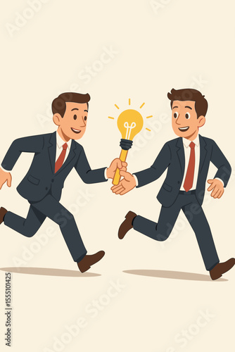 Teamwork collaboration concept. Businessmen in suits passing lightbulb baton. Idea transfer, innovation relay, creative partnership, leadership succession, business continuity, vector illustration.
