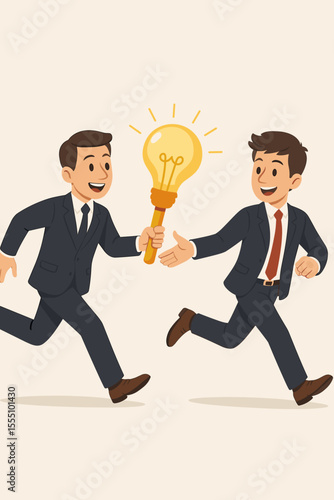 Business teamwork concept, two businessmen in suits running, passing glowing lightbulb as idea baton, collaboration, innovation, leadership, creative solution, partnership, vector illustration