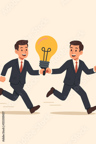 Business teamwork concept illustration. Two businessmen in suits running and passing a giant lightbulb as a baton. Idea transfer, collaboration, innovation, creative partnership, leadership relay