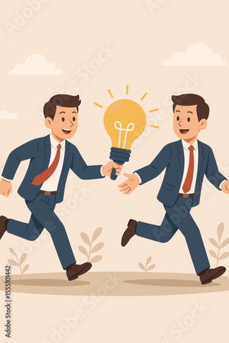 Teamwork collaboration concept. Businessmen passing light bulb idea baton. Knowledge transfer, innovation relay, creative partnership, leadership succession, business continuity. Vector illustration