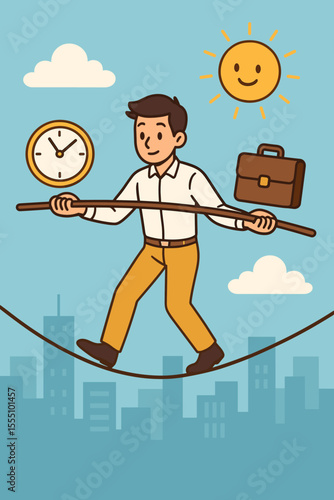 Businessman balancing work and personal life on tightrope, time management, stress, career challenge, work-life balance concept, cartoon vector, city background, sun, clock, briefcase