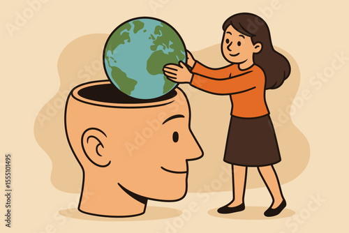Woman Placing Globe Inside Human Head Concept. Global Knowledge, World Awareness, Environmental Education, Diversity, Learning, Imagination, Creative Mind, Vector Cartoon Illustration