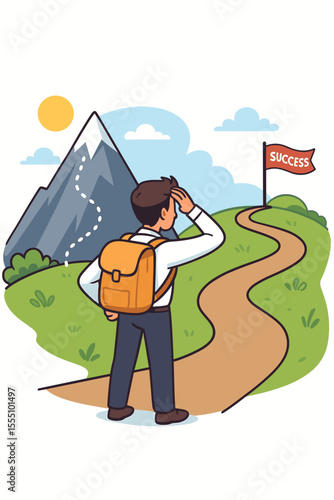 Businessman Journey to Success Concept. Career Path, Goal Achievement, Overcoming Challenges, Ambition, Motivation, Personal Growth, Mountain Climb, Road to Success, Adventure, Aspirational Vector