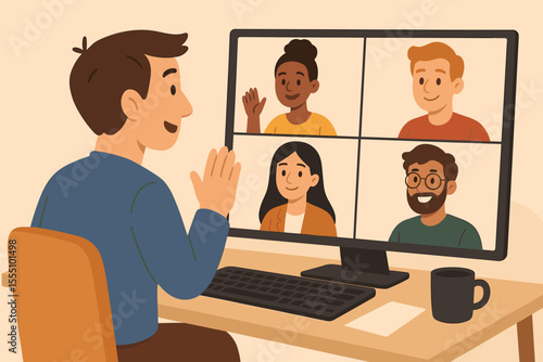 Remote team meeting video call. Cartoon man at desk waving to diverse colleagues on computer screen. Online communication, virtual conference, remote work, digital collaboration, home office concept